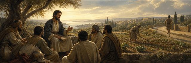 Timothy teaching faithful workers beside a farm while a runner and resting protective gear appear nearby